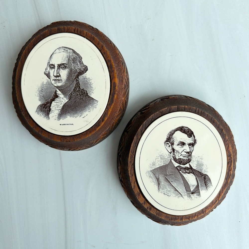 Vintage George Washington Abraham Lincoln Carved Wood Portrait Wall Plaques Set